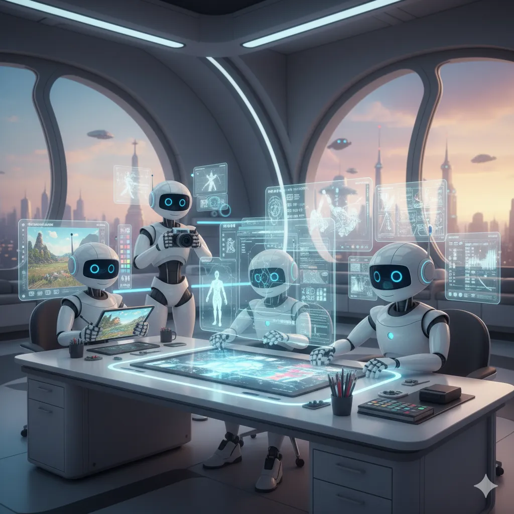 Illustration of robots collaborating with AI interfaces for the CreAIthon category.