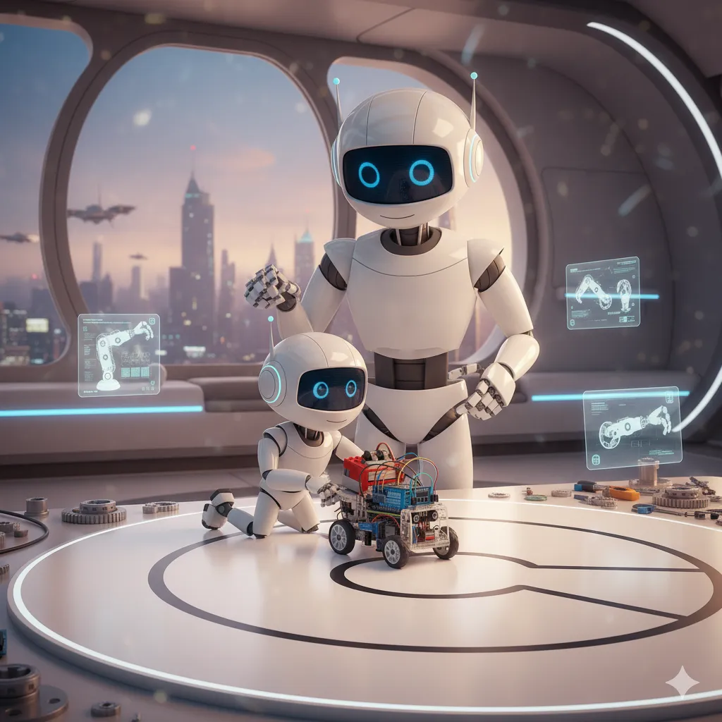 Illustration of a robot mentoring a smaller robot with a line follower robot.