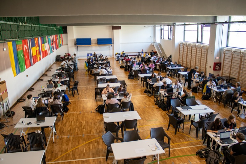 Hackathon teams working overnight in the contest hall